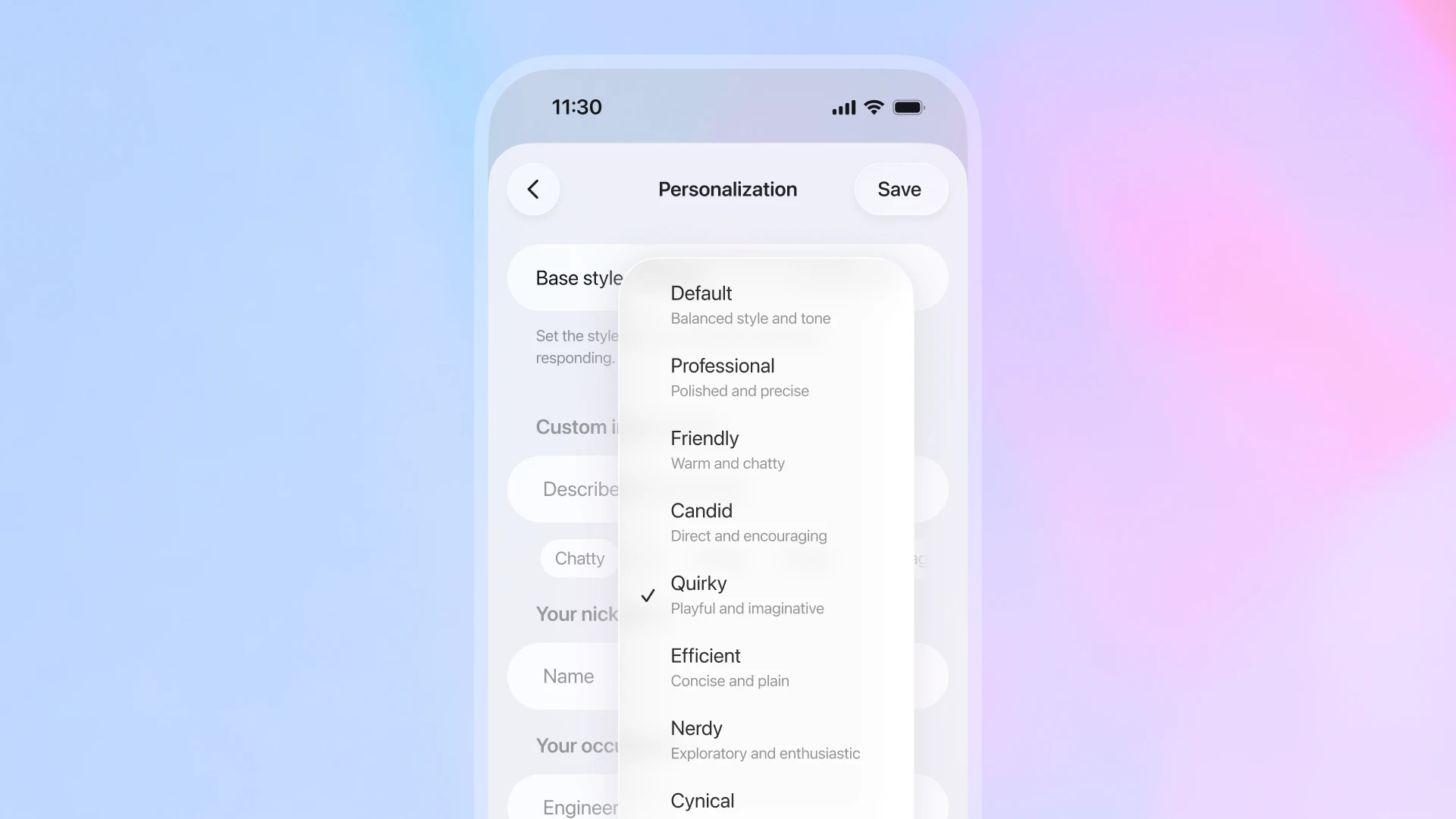Mobile interface showing a ‘Personalization’ settings screen. The user is selecting a base style for ChatGPT’s tone and voice from a dropdown menu. Options listed include: Default (balanced style and tone), Professional (polished and precise), Friendly (warm and chatty), Candid (direct and encouraging), Quirky (playful and imaginative, currently selected), Efficient (concise and plain), Nerdy (exploratory and enthusiastic), and Cynical.
