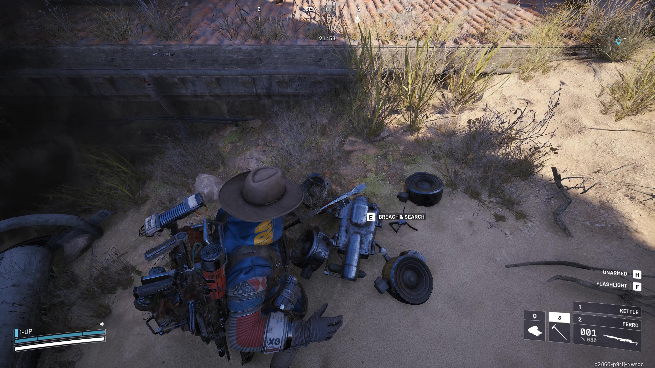 Arc Raiders Trials: A player reaching for their axe to breach a First Wave Wasp husk buried in the sand.
