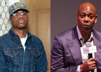 Vince Staples in a denim jacket and cap on the left; Dave Chappelle in a suit holding a microphone on the right.