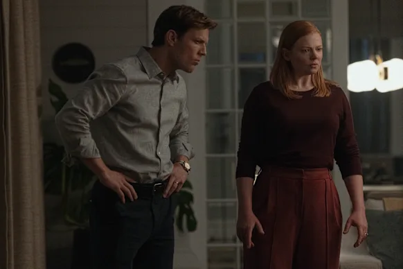 Jake Lacy as Peter and Sarah Snook as Marissa in All Her Fault.