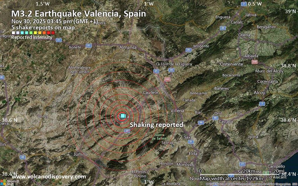 Unconfirmed quake or seismic-like event reported: 33 km northwest of Elda, Alicante, Valencia, Spain, 9 minutes ago