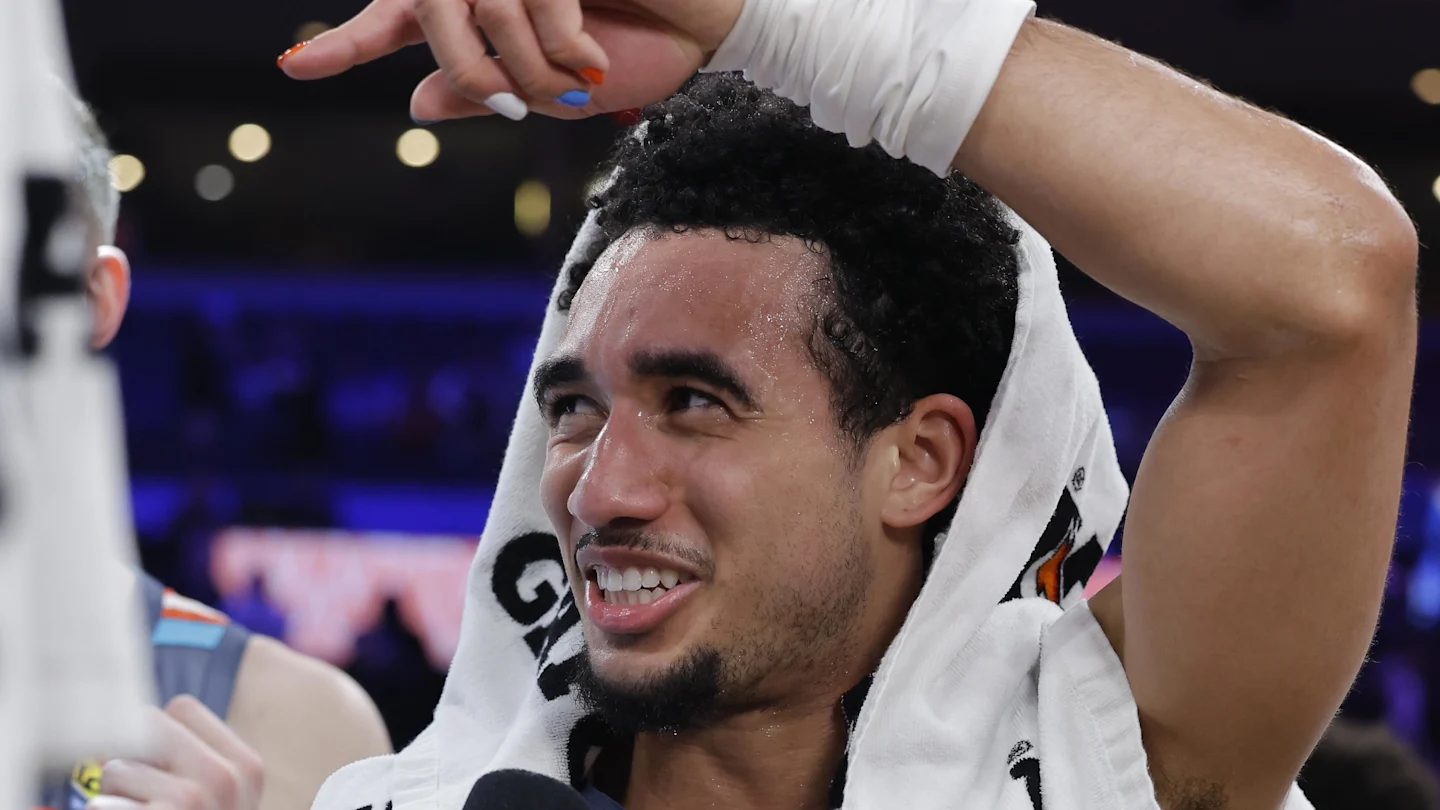 Oklahoma City Thunder guard Jared McCain (3) talks to the media after a game against the Brooklyn Nets during the second half at Paycom Center on Feb 20, 2026.