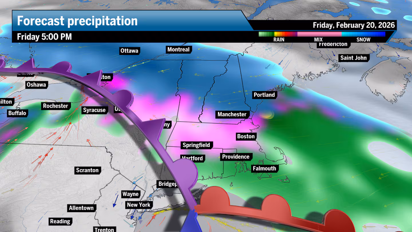 The storm forecast as of 5 p.m. on Friday. Many areas will see a wintry mix, which could impact the evening commute.
