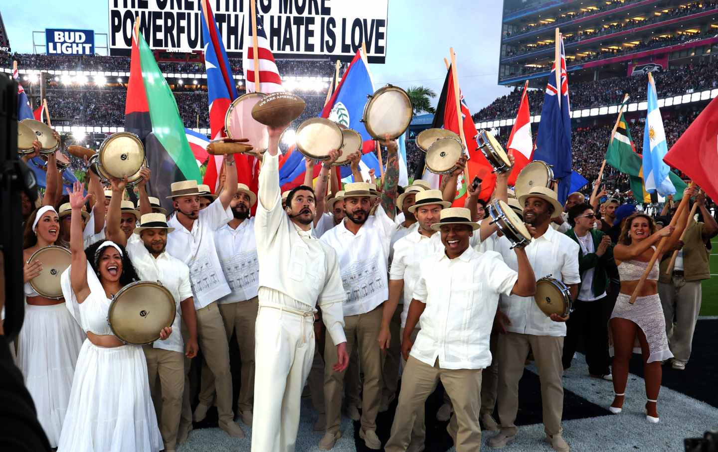 Bad Bunny performs onstage during the Apple Music Super Bowl LX Halftime Show at Levi's Stadium on February 8, 2026. in Santa Clara, California.