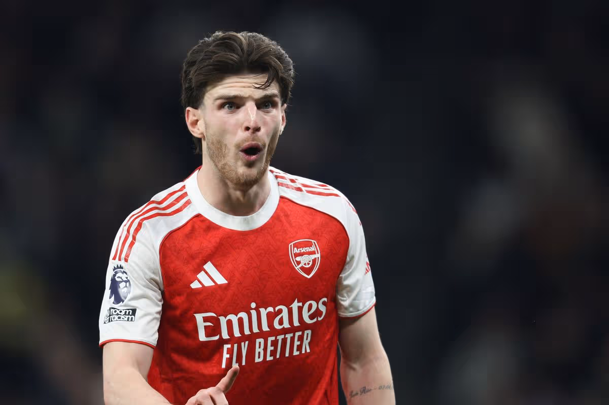 Arsenal's Declan Rice during the Premier League match between Tottenham Hotspur and Arsenal at Tottenham Hotspur Stadium on February 22, 2026 in London, United Kingdom.