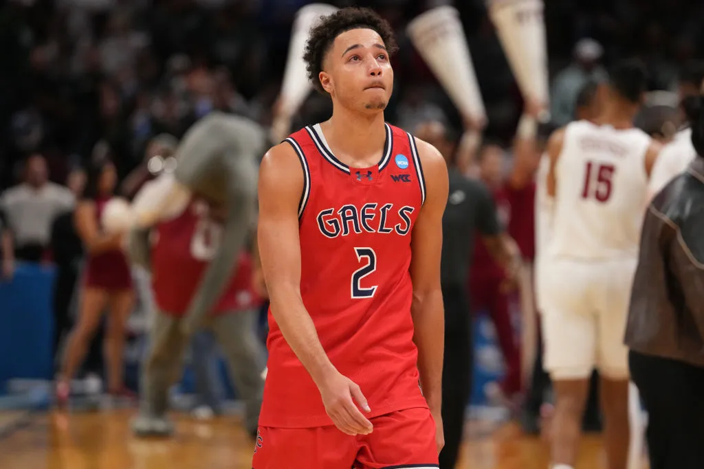 CLEVELAND, OHIO - MARCH 23: Jordan Ross #2 of the St. Mary's Gaels walks off the court after a second-round game of the 2025 NCAA Men's Basketball Tournament game against the Alabama Crimson Tide at Rocket Mortgage Fieldhouse on March 23, 2025 in Cleveland, Ohio. Alabama Crimson Tide won 80 - 66. (Photo by Jason Mowry/Getty Images)