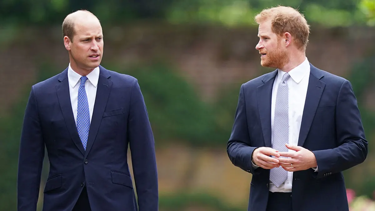 Prince William and Prince Harry in matching dark suits in deep conversation.