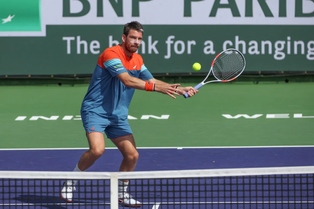 Cameron Norrie (GBR) hits a volley during the BNP Paribas Open on March 9, 2026 at Indian Wells Tennis Garden in Indian Wells, CA.
