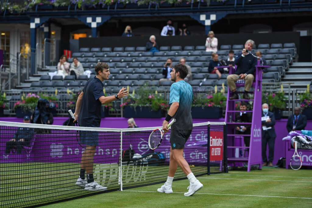 Jack Draper of Great Britain and Cameron Norrie of Great Britain congratulate each other after their Quarter-final match against during Day 5 of The cinch Championships at The Queen's Club on June 18, 2021 in London, England.