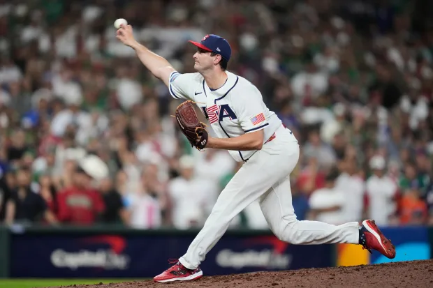 United States pitcher Garrett Whitlock throws to a Mexico batter during the ninth inning of a World Baseball Classic game, Monday, March 9, 2026, in Houston. (AP Photo/Ashley Landis)
