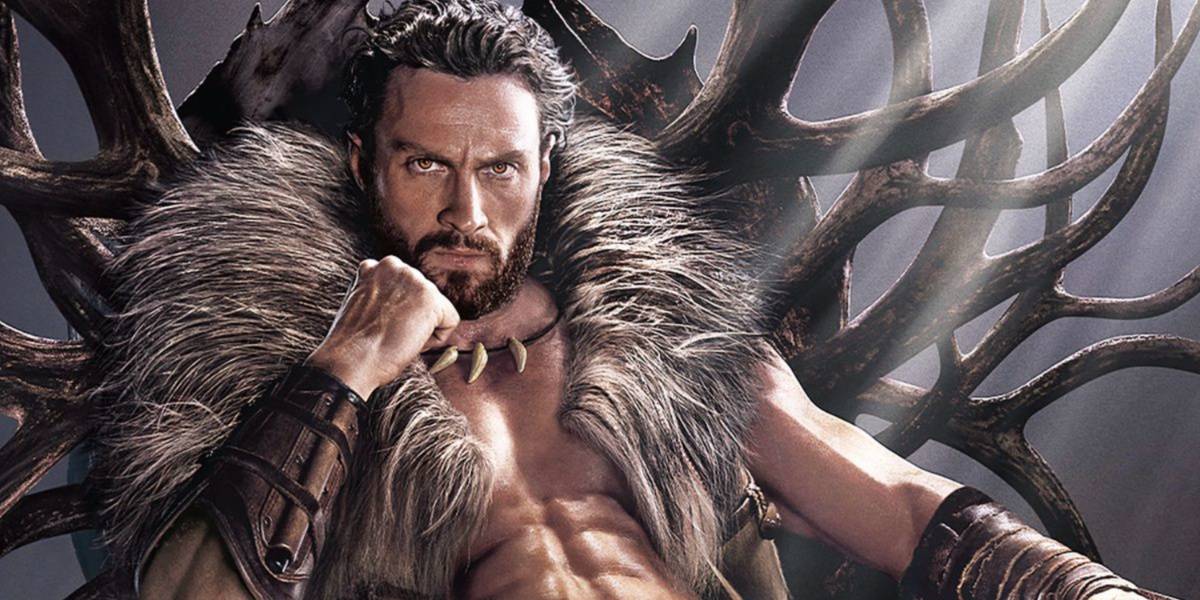 Aaron Taylor Johnson as Kraven the Hunter sitting on an antler throne with a fur vest
