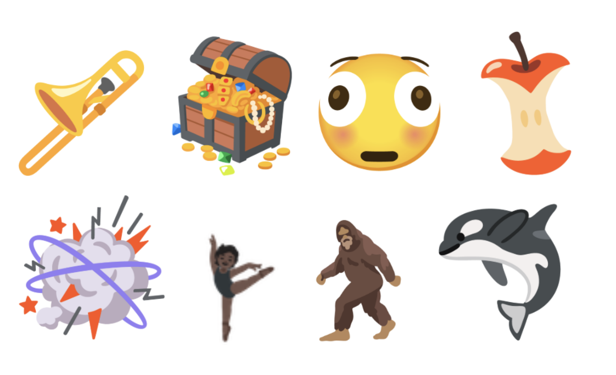 Several new emoji, including a trombone, a bigfoot, an orca, and a fight cloud