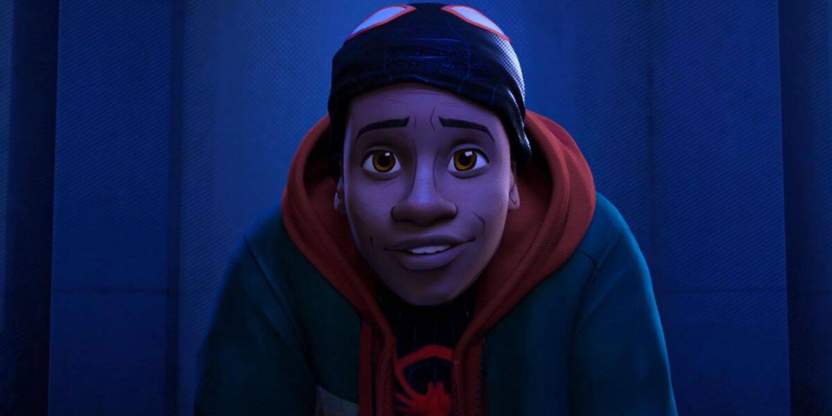 Miles Morales with Spidey mask lifted in 'Into the Spider-Verse'