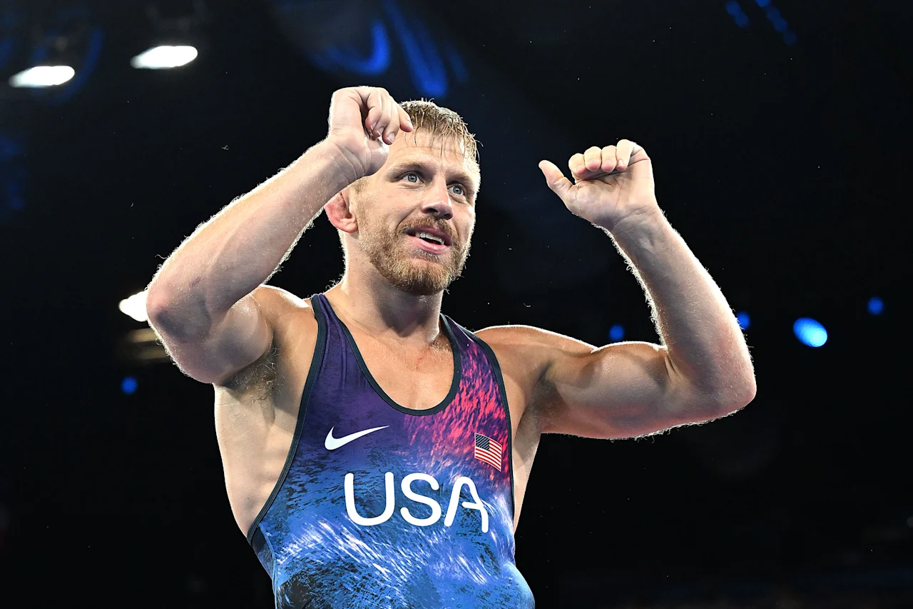 PARIS, FRANCE - AUGUST 10: Kyle Douglas Dake of United States celebrates after beating in his match against Hetik Cabolov of Serbia in the 74kg Men's Freestyle Wrestling Final 3-5 during the Olympic Games on August 10, 2024 in Paris, France. (Photo by Fabio Bozzani/Anadolu via Getty Images)